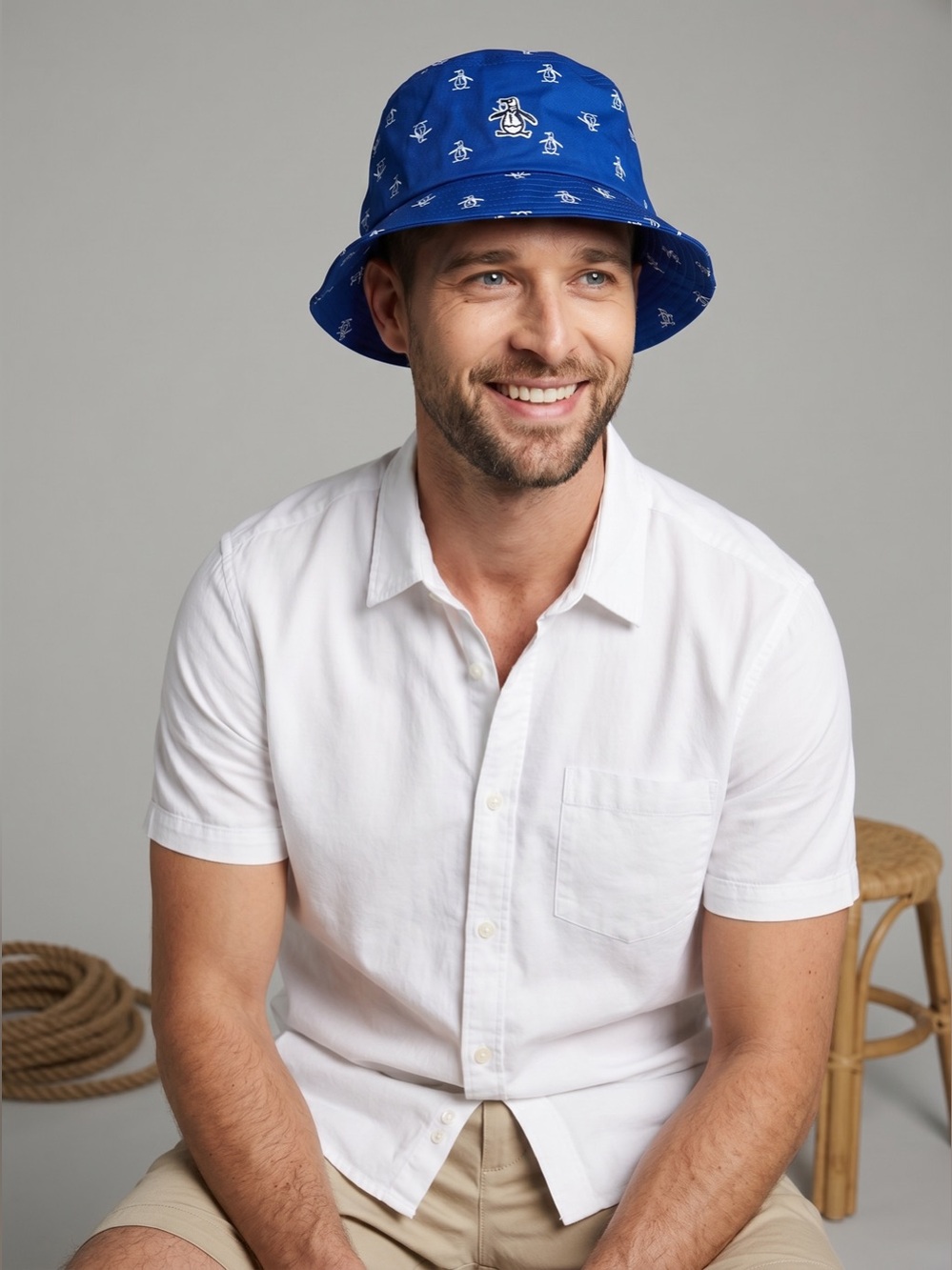 🐧NEW w/tag Original Penguin Blue Bucket Hat Blue Allover Print Unisex One Size